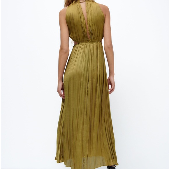 ZARA SATIN DRESS WITH CUT-OUT DETAIL OLIVE GREEN - Picture 9 of 12